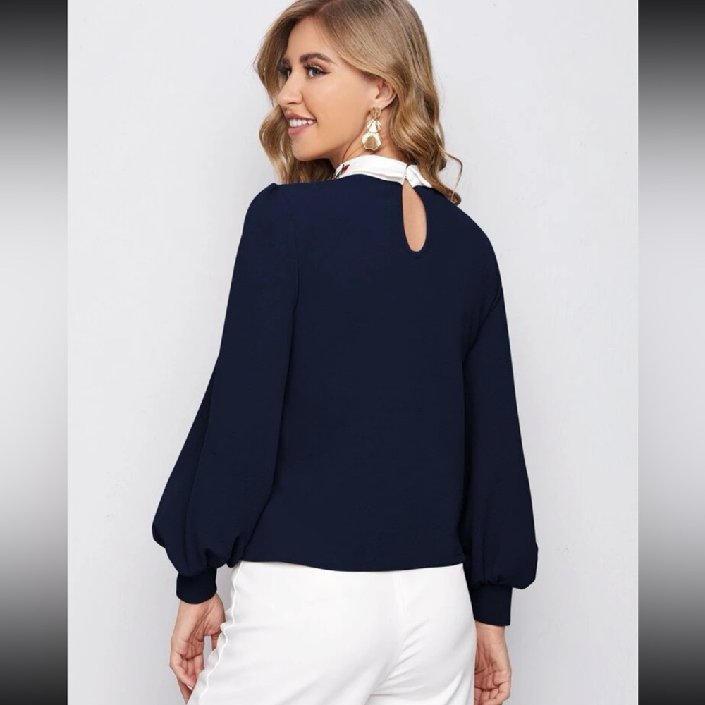 Navy Blue Blouse with White Collar Detail - Picture 2 of 3